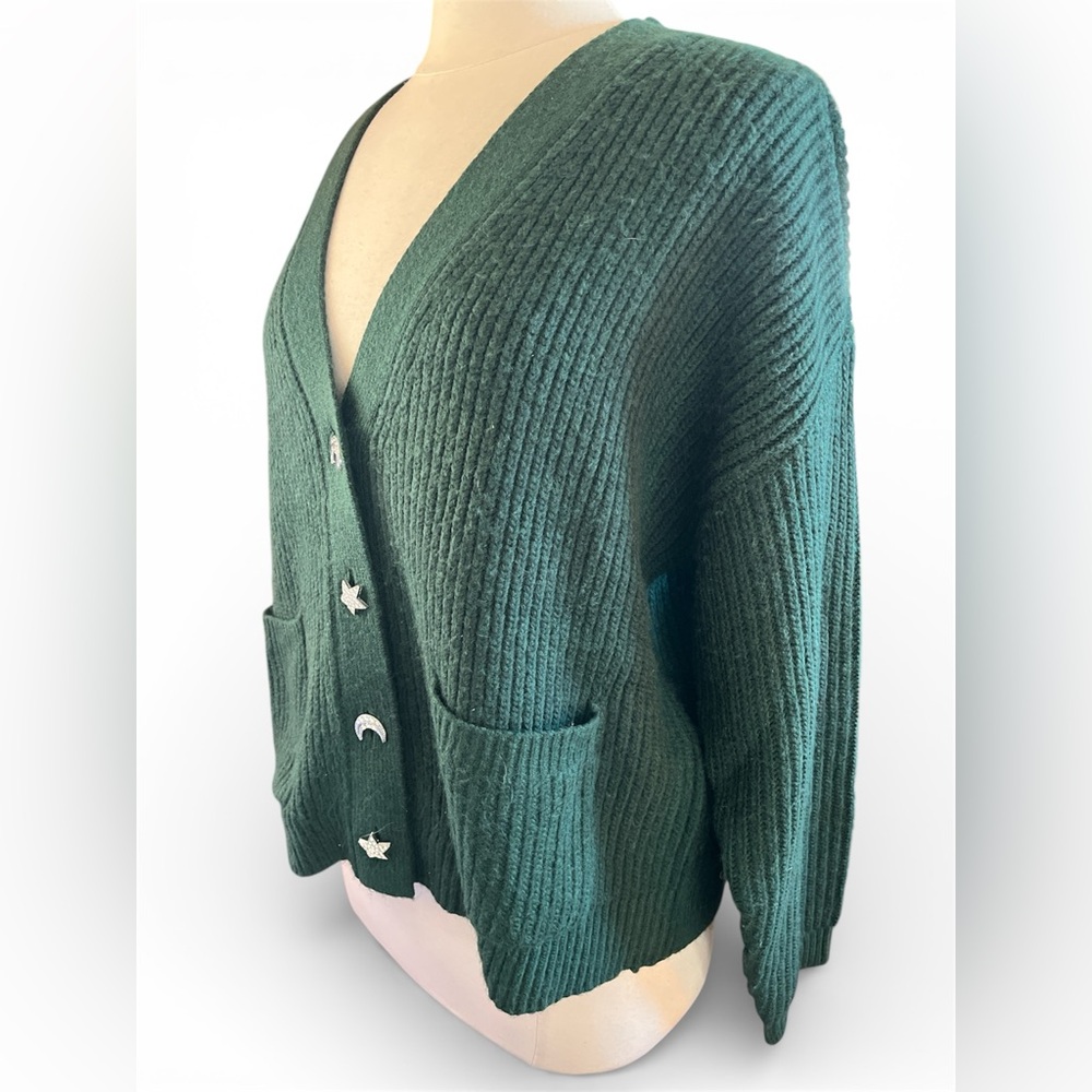 LOFT Forest Green V-Neck Cardigan w/Jeweled Star & Moon Buttons Size Large - Picture 7 of 11